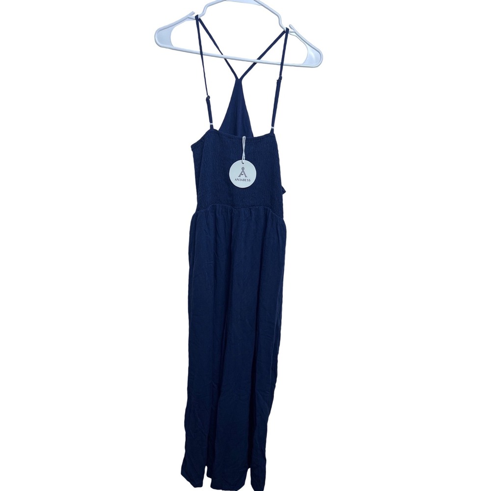 Anrabess Women Navy Blu Linen Blend Smocked Wide Leg Jumpsuit L NWT coastal Boho
